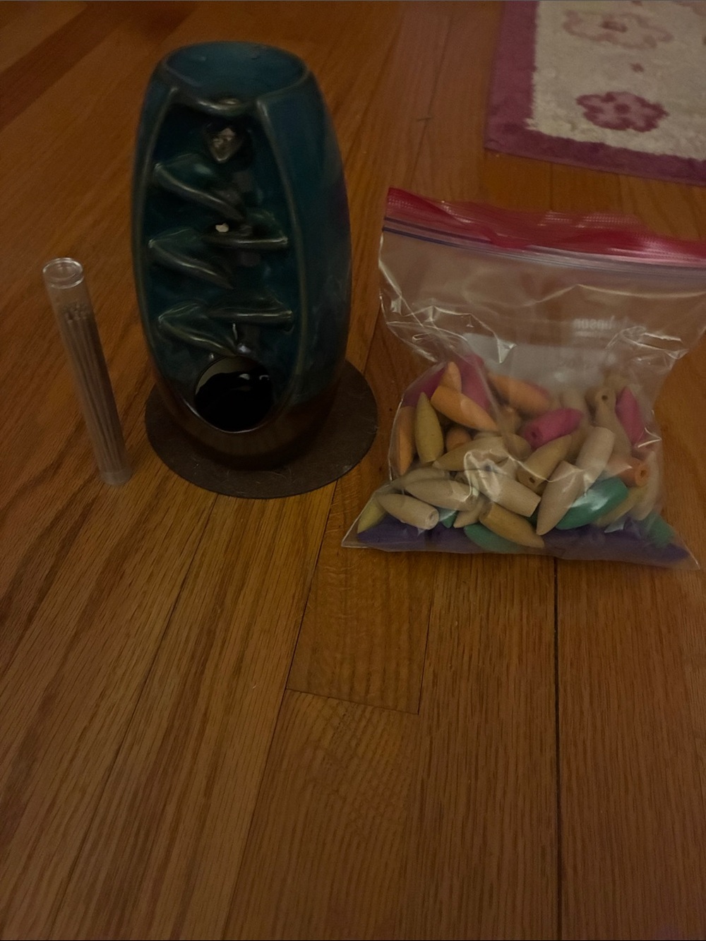 Teal Ceramic Backflow Incense Fountain with Assorted Colored Cones